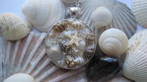 combintaion of sea shells freshwater pearls and starfish on a silver surround